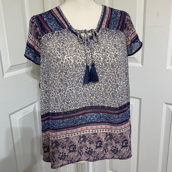 S Knox Rose BoHo Style Top with Front Tie and Tassels - Picture 1 of 7